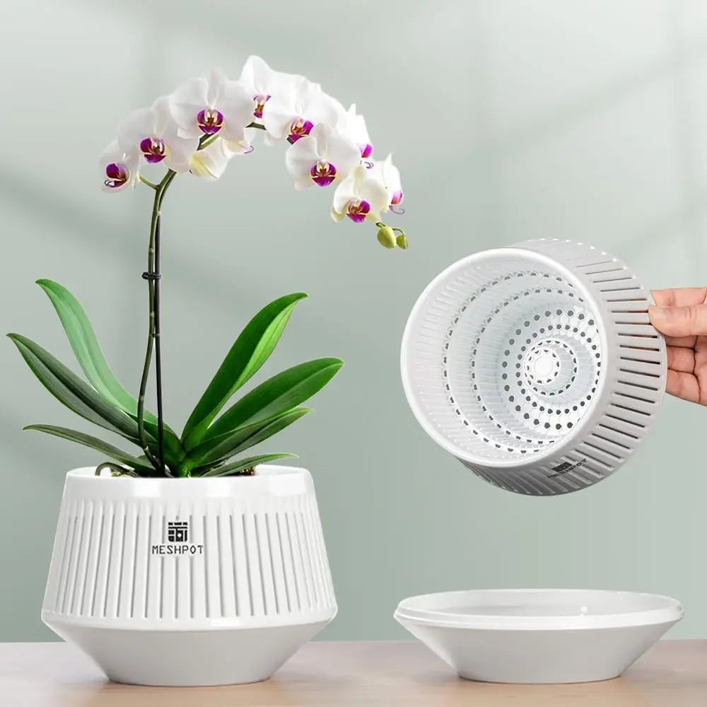 Meshpot Orchid Pot with Holes 5inch Orchid Planter with Drainage Holes and Tray Promoting Air Circulation and Drainage