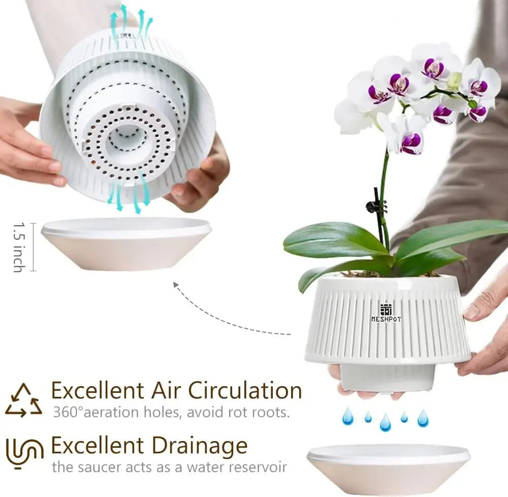 Meshpot Orchid Pot with Holes 5inch Orchid Planter with Drainage Holes and Tray Promoting Air Circulation and Drainage